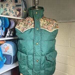 Uphill Down Western Vintage Green Jacquard Floral Puffer Vest Sz XS